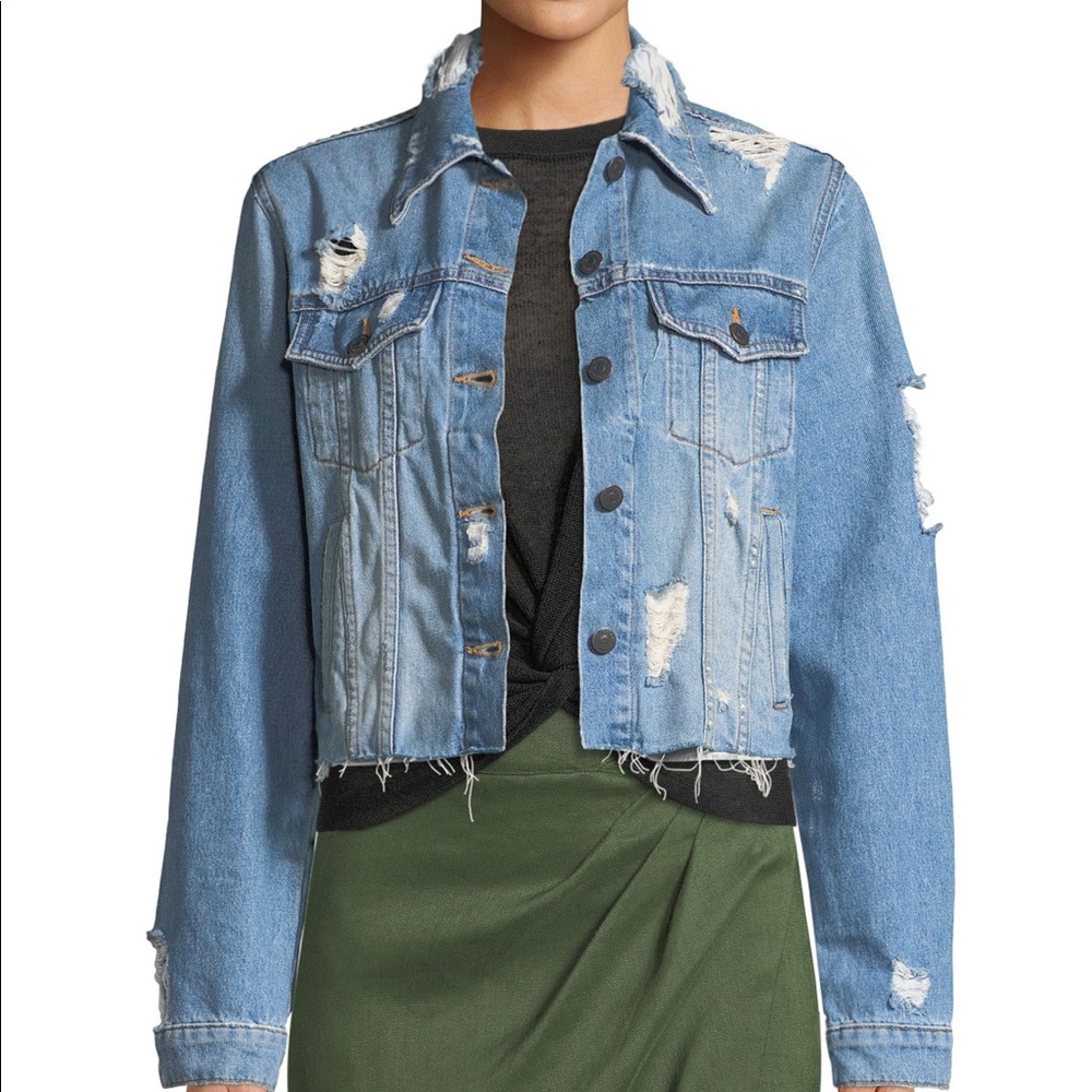 Veronica Beard Light Blue Distressed Cropped Denim Jacket
